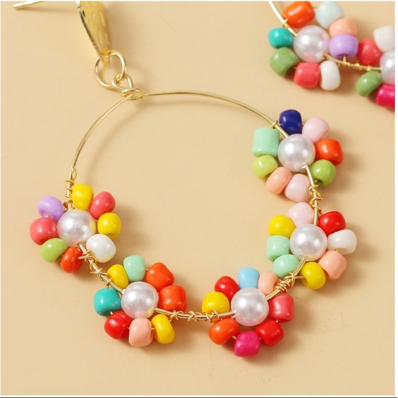 Colorful Flower Beaded Gold Hoop Earrings - Picture 2 of 2